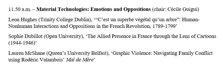 Thank you to all of our speakers so far! Stay tuned for the second panel of the ASMCF-SSFH Postgraduate Study Day 2023 - 'Material Technologies: Emotions and Oppositions'. #conflictasmcfssfh2023 @ASMCF #postgraduates @leon_hughes12 @SophieDubillot @CecileJEGuigui