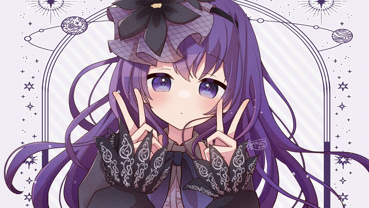 1girl solo purple eyes purple hair long hair v double v  illustration images
