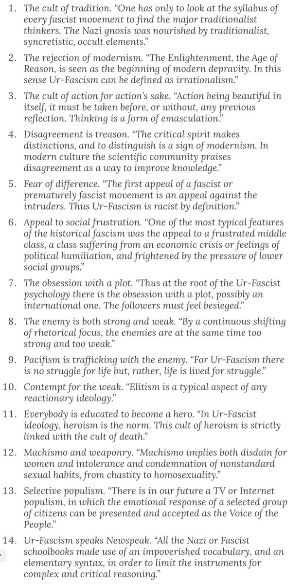 Umberto Eco’s ‘14 typical features of fascism’. Important note: it only needs one to be present in the public sphere for fascism to coalesce around it. The current Tory government hits at least three: 4, 5, 6 and, particularly 13. 
#ToryBritain #NotInMyName #GaryLinekerIsRight