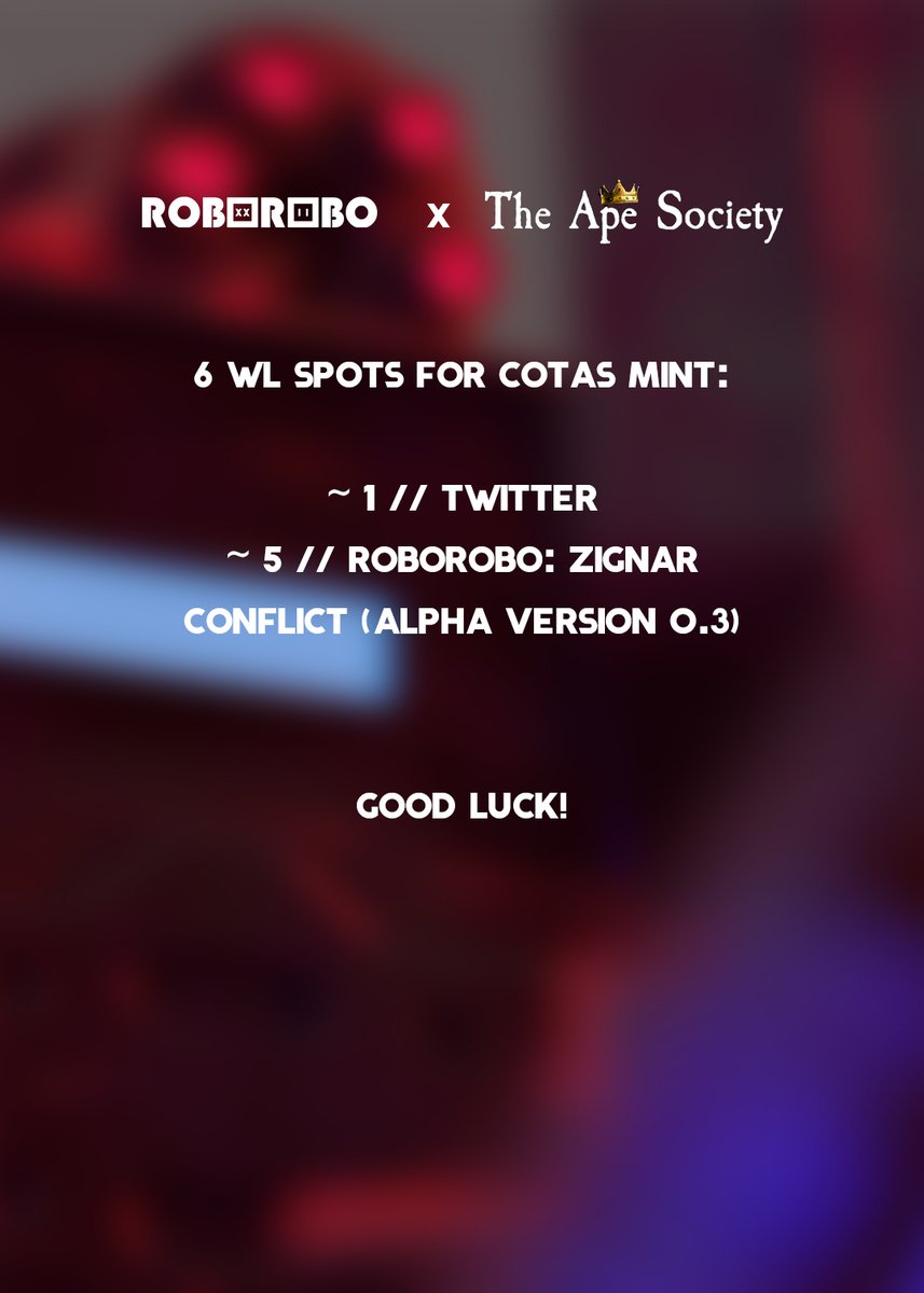 We're giving 6 WL spots for COTAS upcoming mint from <a href="/the_ape_society/">The Ape Society</a> ! 🤖

To enter the Twitter contest:
- Follow <a href="/ROBOROBO_gg/">ROBOROBO 🤖</a> &amp; <a href="/the_ape_society/">The Ape Society</a> 
- Like and RT
- Tag your fav monkeys!

This will run for 48h!

#CNFT #CNFTCommunity #CNFTGiveaway 

To win in our game 👇🧵