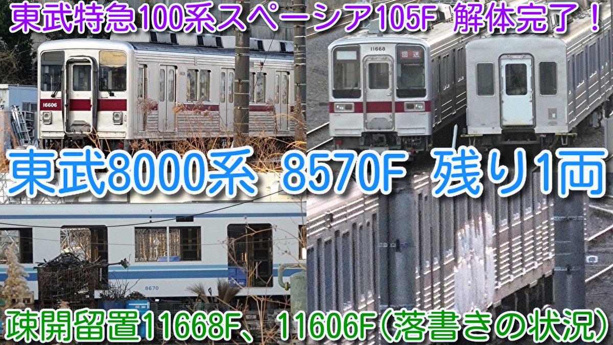 azumatakeshi's tweet photo. 【東武特急100系スペーシア105F 解体完了！東武8000系 8570F 1両解体済 渡瀬北(北館林)】
疎開留置11668F、11606F 動きなし
サハ14606の落書き 消す様子なし
https://t.co/TYA41gMTsz
 ＃東武 ＃100系 ＃105F ＃8000系 ＃8570F ＃解体 ＃10030系 ＃11668F ＃11606F ＃疎開 ＃留置 ＃渡瀬北 ＃北館林 https://t.co/dUCHuk9mHV
