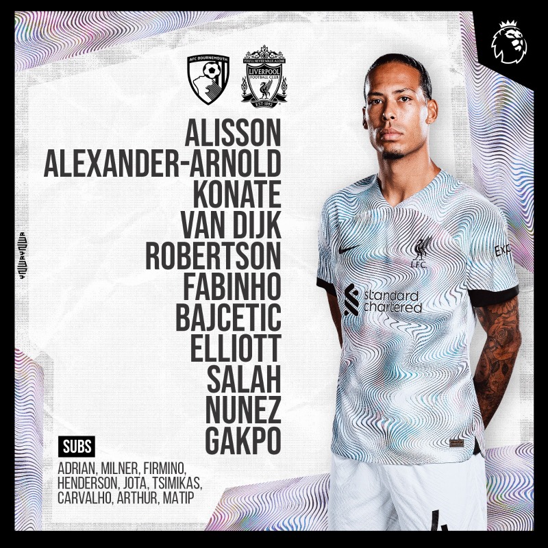 LFC's tweet photo. ⚪ #BOULIV TEAM NEWS ⚪

Here's how we line up to take up on AFC Bournemouth today!