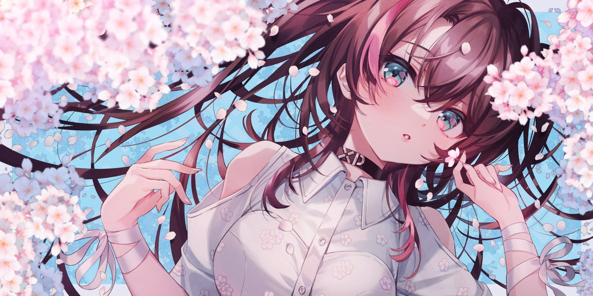 1girl solo cherry blossoms shirt brown hair long hair looking at viewer  illustration images