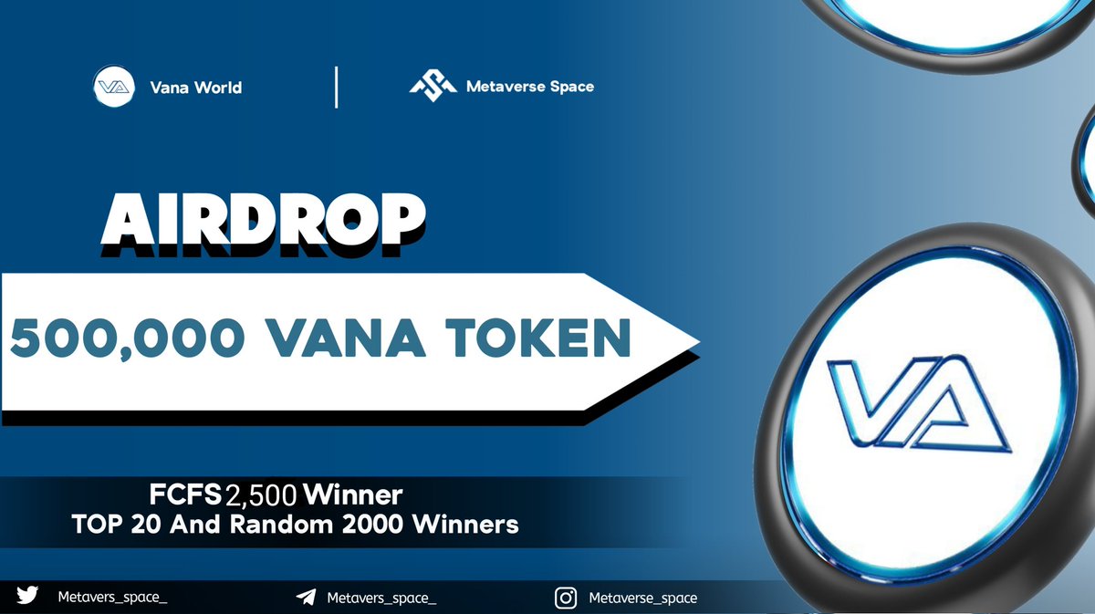 500,000 VANA Token Airdrop 🎉🎉

2,500 FCFS Winner🏆
🏅Top 1-20 &amp; 2,000 Random Winner🏆

To Enter ⤵️
✅ Follow <a href="/Metavers_space_/">Bryan Fn</a>
✅ Like Rt/Tag 5 Frnds
✅ complete all task  👉 gleam.io/Qdxzq/vana

5 day⏳
#bigairdrop #Giveaway  #Tokengiveway  #airdrop #airdroptoken  #Rendom