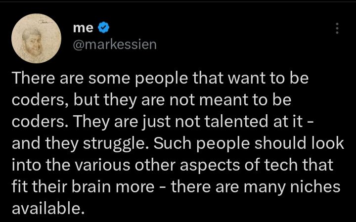 nerdupdates_'s tweet photo. I agree. You don't need to code to be in tech. There's so much more than coding. Find what suits you and stick to it.

Image credits: @markessien

#NerdUpdates #tech https://t.co/FudQeIniAr