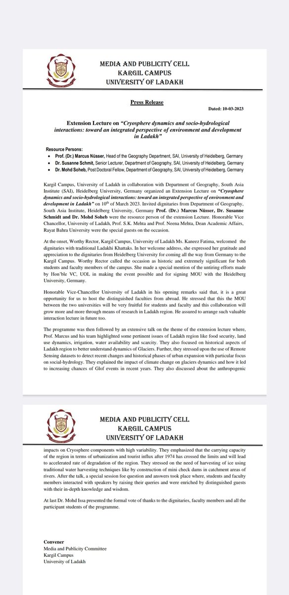 ULadakh's tweet photo. Kargil Campus, University of Ladakh in collaboration with Department of Geography, South Asia Institute (SAI),Heidelberg University,Germany organized an Extension Lecture. https://t.co/eILtmoxXbr
