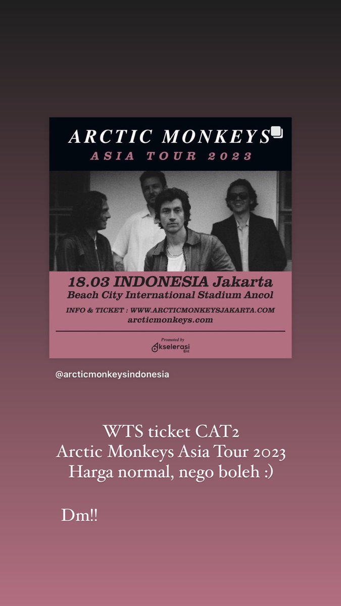 EdoSafitra's tweet photo. WTS ticket arctic monkeys CAT2. Harga normal #ArcticMonkeysAsiaTour2023 #ArcticMonkeysJakarta #arcticmonkeys https://t.co/3bjmoxMAzn