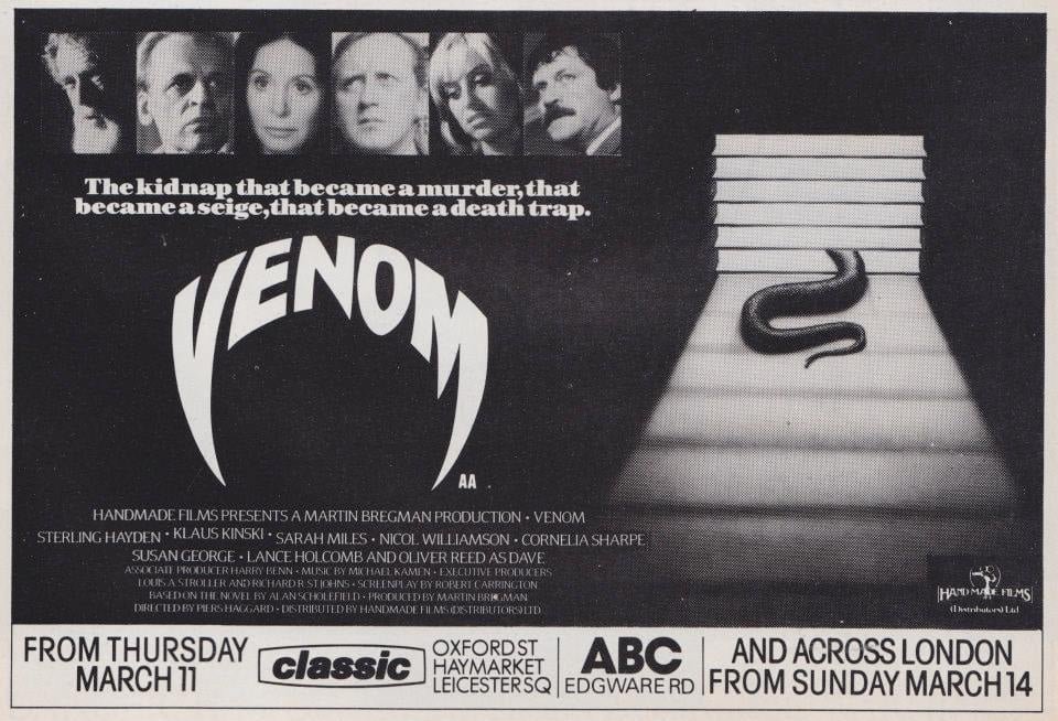 Forty-one years ago today, Venom opened in London cinemas (Note the misspelled word 'siege' in the tag-line)... #Venom #PiersHaggard #OliverReed #SusanGeorge #KlausKinski #1980s #film #films #SterlingHayden #NicolWilliamson