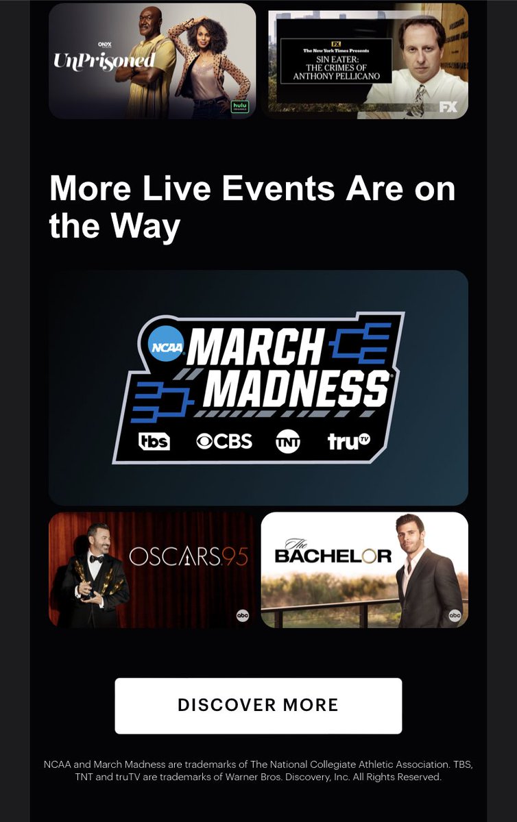 ⁦<a href="/hulu/">Hulu</a>⁩ Hulu email yesterday: you can’t watch ABC live anymore. 
Hulu email today: don’t forget to watch the Oscars live on ABC!