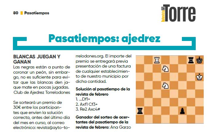 ajedrez_torre's tweet photo. ¿Quieres ganar 30 euros? 

Tan sólo tienes que participar en el sorteo de la revista Torre, la revista municipal de Torrelodones.

En ella encontrarás el problema de este mes. Envía tu solución antes del día 31 para participar en el sorteo.

Descárgala en https://t.co/QPn04kNEd1 https://t.co/qMPDTqwczu