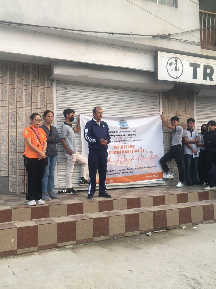 DimapurCollege's tweet photo. The Dept. History, @DimapurCollege in collaboration with @ashram_gandhi  organized Walkathon in commemoration of Gandhi's Dandi March on 11.03.2023 from Riverbelt Junction, Dimapur to @DimapurCollege  Dr. Aotoshi, of @ashram_gandhi flagged off the Walkathon. https://t.co/AxKp4Q8Msx