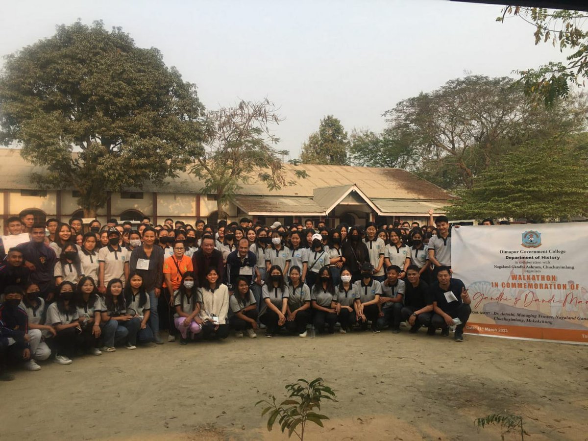 DimapurCollege's tweet photo. The Dept. History, @DimapurCollege in collaboration with @ashram_gandhi  organized Walkathon in commemoration of Gandhi's Dandi March on 11.03.2023 from Riverbelt Junction, Dimapur to @DimapurCollege  Dr. Aotoshi, of @ashram_gandhi flagged off the Walkathon. https://t.co/AxKp4Q8Msx