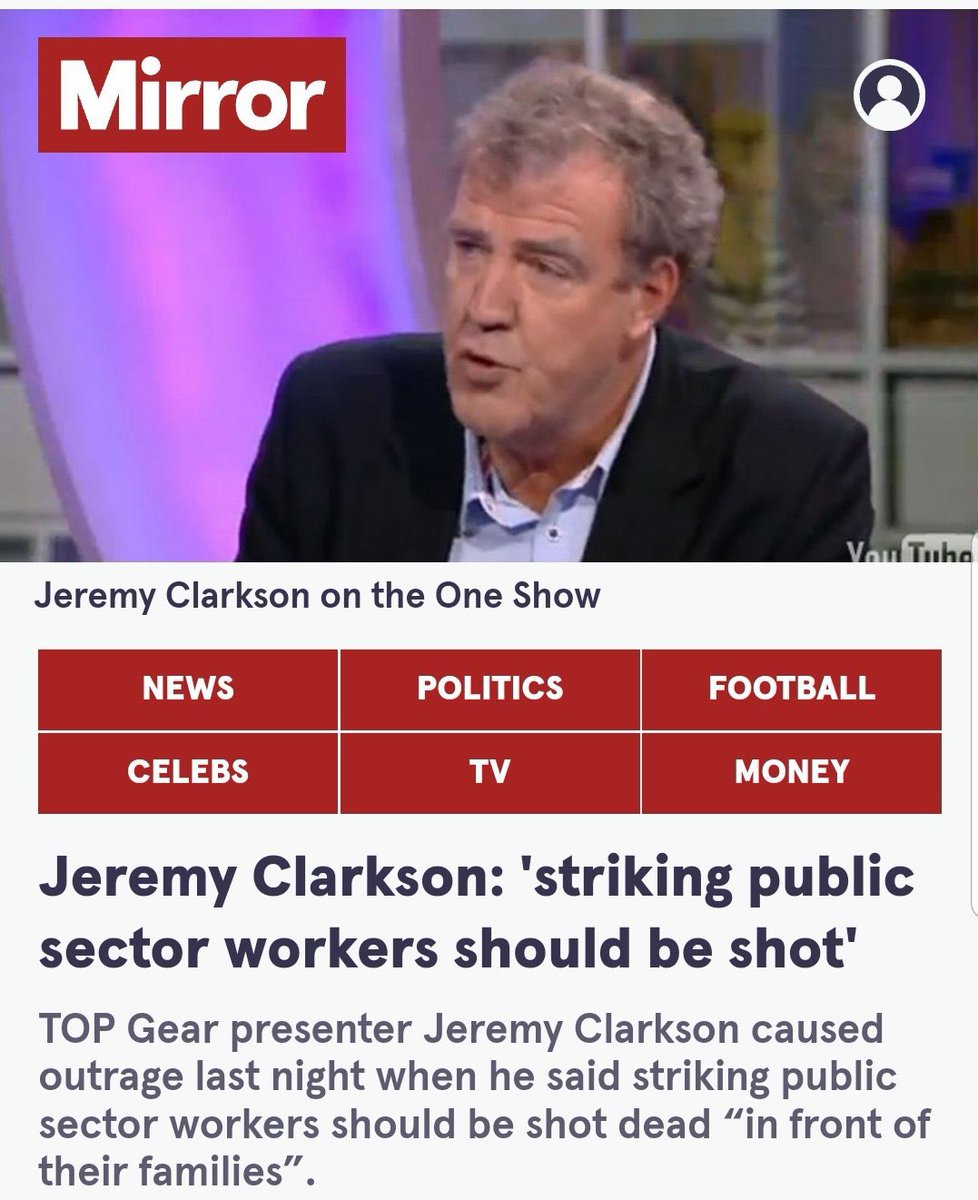 Jeremy Clarkson called for striking workers to be shot in front of their families. Continued to present Top Gear for 5 years. Gary Lineker criticises government proposals on refugees. Taken off air after 3 days.