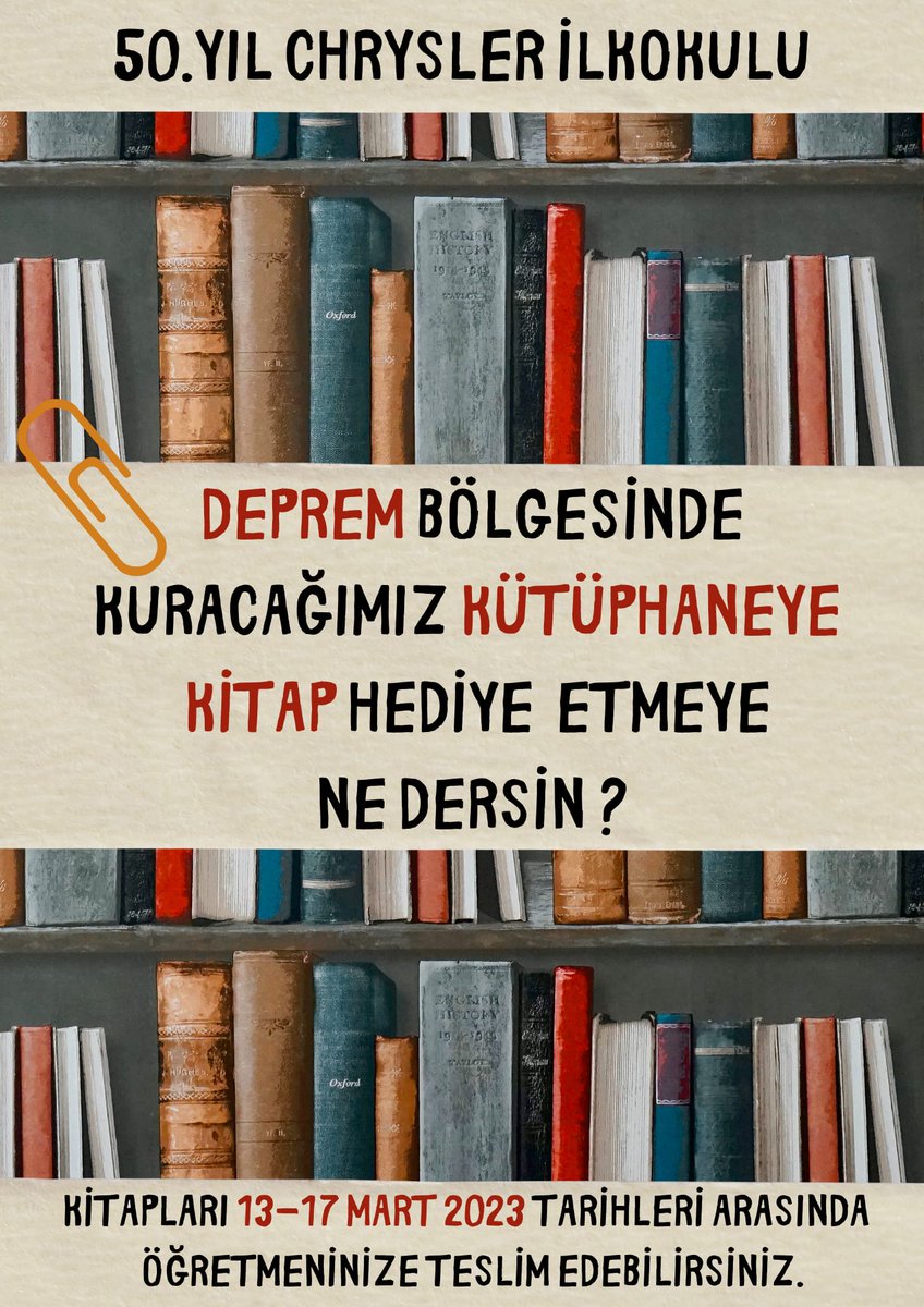 Kütüphaneler Haftası çerçevesinde deprem bölgesinde kuracağımız kütüphane için kitap toplama kampanyası başlatmış bulunmaktayız. Kitaplarınızı okulumuza teslim edebilirsiniz.

#deprem 
#BirlikteGüçlüyüz
<a href="/meb/">Maria Elena Boschi</a> 
<a href="/gebzemeb/">Gebze Milli Eğitim Müdürlüğü</a>