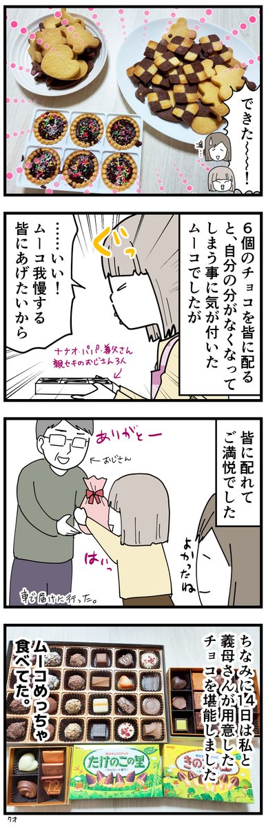 遅ればせながら今年のバレンタインレポ漫画です。
ムーコ、自分で作ったチョコは食べれなかったけど高級チョコは沢山食べてました。よかったね。
#7歳 #育児漫画 