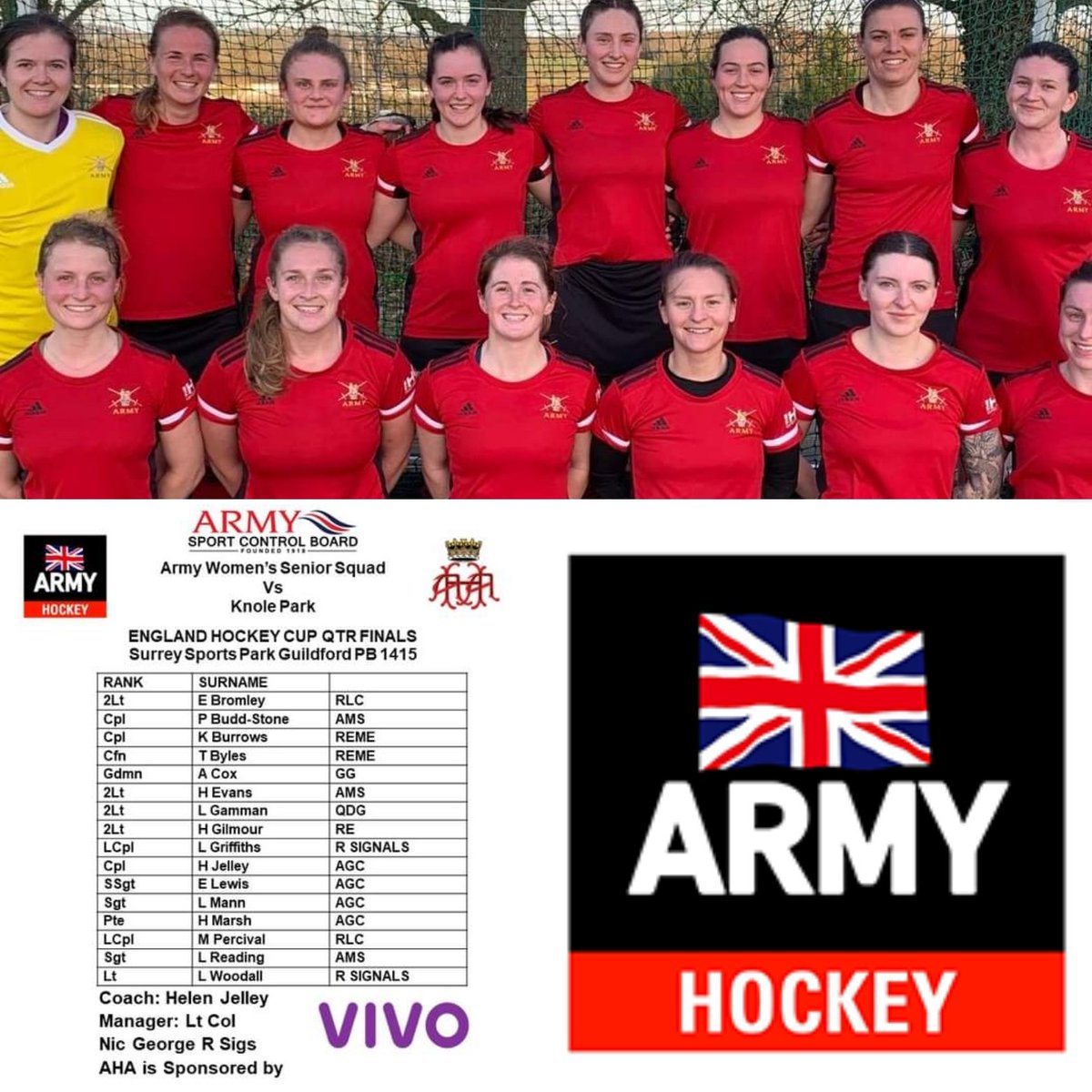 The Army Women's Senior Hockey Team are in the England Hockey Quarter Finals.

On Sunday 12 March, they will be playing Knole Park HC at Surrey Sports Park in Guildford.  

Good luck all 🏑

#sportinthearmyreserve  #BritishArmySport  
#armyhockey🏑  #vivo #englandhockey