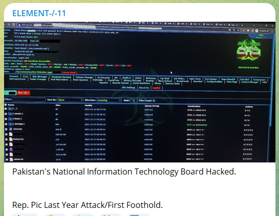 "ELEMENT-/-11" hackers group claims to have hacked National Information Technology Board of #Pakistan 

#darkweb #deepweb #cyberrisk #databreach