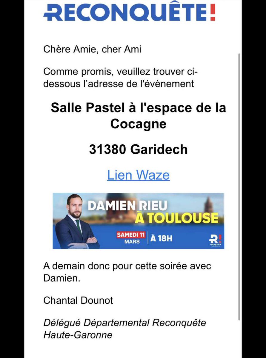 ReinicheS's tweet photo. #garidech aujourd'hui a quelques kilomètres de #toulouse se tiendra une conférence de la haine dirigé par @DamienRieu , ancien membre de #generationidentitaire dissout par @GDarmanin ! @PrefetOccitanie
Comment une telle conférence peut être tolérer en France !
#agissez https://t.co/hyDaXqboXD
