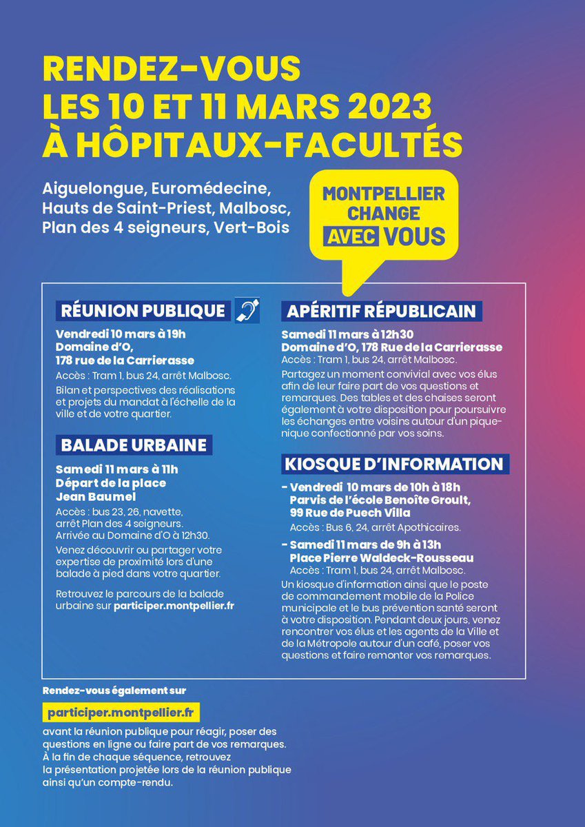 somarchand's tweet photo. Montpellier Change Avec Vous #MCAV c’est l’occasion pour @MDelafosse et l’équipe municipale de venir à votre rencontre dans votre quartier 📍 Hôpitaux Facultés📍Place à la réunion publique @domainedo 📍Demain kiosque place Waldeck Rousseau 👉🏾 Balade urbaine rdv 11h place Baumel🏡 https://t.co/xPGx4iMg9H