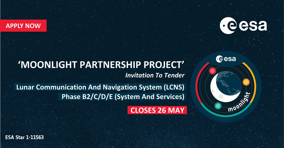 🌒 Can you build the infrastructure to deliver #communication and #navigation services in Lunar Orbit? Answer to the ITT before 26 May 👉 bit.ly/3LdAhlT 
Under the #Moonlight Programme, <a href="/esa/">European Space Agency</a> will act as an anchor customer while the services can be sold to other entities