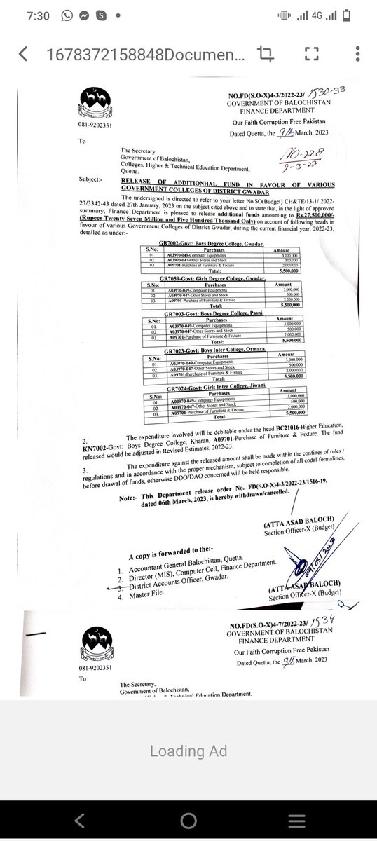 گْوادر کے پانچ بوائز اور گرلز کالجز کیلئے مجموعی طور پر دو کروڈ پچتر لاکھ روپے منظور کروائے ہیں۔گزشتہ دنوں بوائز اور گرلز ڈگری کالجز میں دورہ کے موقع پر طالبعلموں نے کمپوٹرز،فرنیچرز اور دیگر سہولیات کا مطالبہ کیا تھا جس کو پورا کیا گیا۔