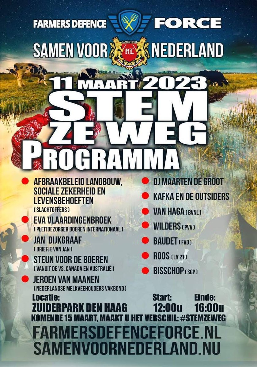Ik hoop dat alle bezoekers van het #boerenprotest zich niet laten intimideren en/of uitlokken door politie en leger, want dat is waar partijkartel en systeemmedia op hopen.

Er staat een grotere zaak op het spel vandaag: #stemzeweg