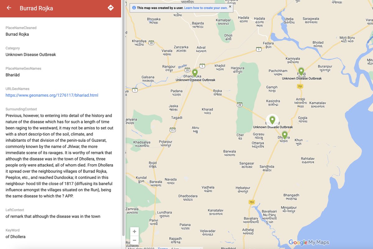 AelangD's tweet photo. The historical placenames here in @Kaylalyak826's map gave her some difficulty, but she tracked 'Burrad Rojka' down to Bhariād. 'Peeplce' is also mentioned, and that's modern-day Pipāli. Geonames's fuzzy search for the win! #DHEdinb https://t.co/lERU8CWVVM