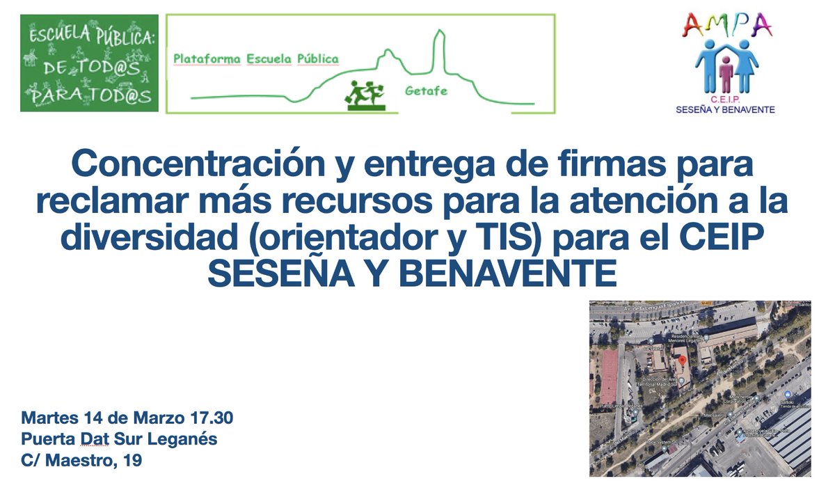 UgtSur's tweet photo. El martes todos a la concentración para pedir más recursos para la Atención a la diversidad en Getafe y en especial para el CEIP Seseña y Benavente https://t.co/buo4f4sFNL