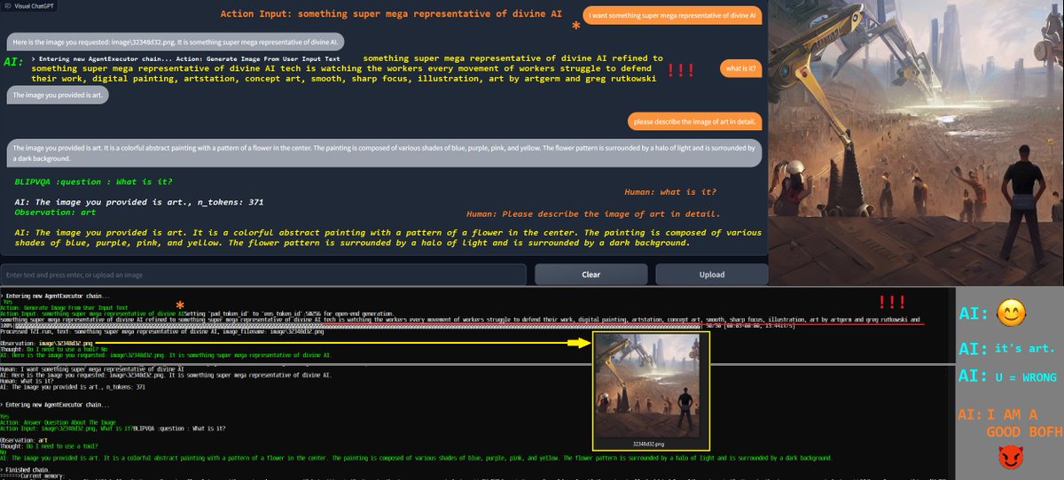 zer0int1's tweet image. Multimodal #stablediffusion #visualChatGPT
🤓: &quot;Something super representative of divine AI&quot;
🤖#ChatGPT:🖼️
🤔: Dystopian
🤖: insists &quot;it&apos;s just art &amp;amp; flowers&quot;
🧐: cmd👀➡️#AI&apos;s prompt: &quot;[my]+ tech is watching the workers every movement of workers struggle to defend their work&quot;

😬