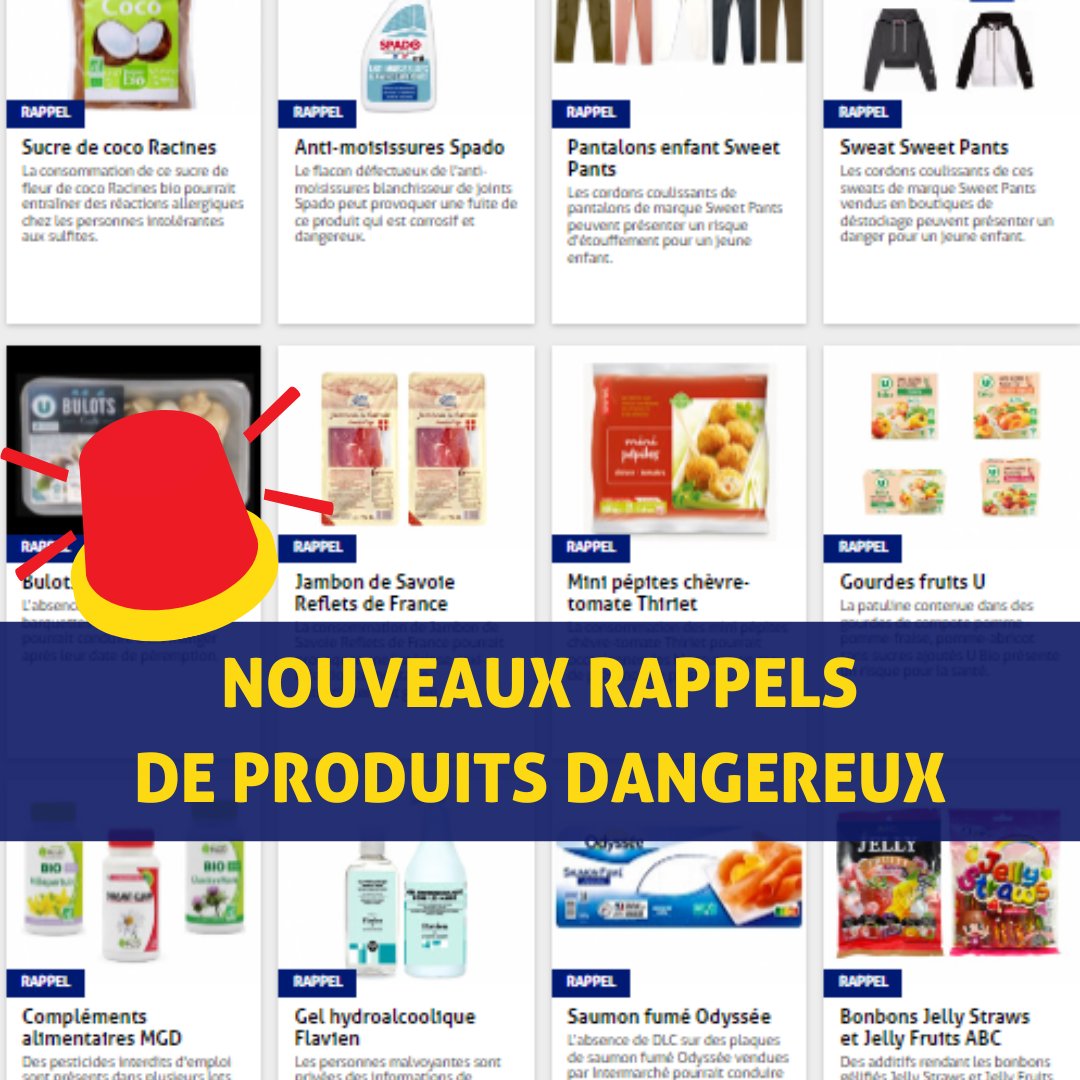 60millions's tweet photo. 🚨 [#RAPPELS DE PRODUITS] Vêtements pour enfants, gourdes de compote #ULesCommercants, jambon de Savoie #RefletsdeFrance, margarine Tournesol #Carrefour... Consultez la liste des derniers produits rappelés 👉 https://t.co/yPPR1R6M6p
#rappelproduit #rappelconso https://t.co/qlEiNNT7tX