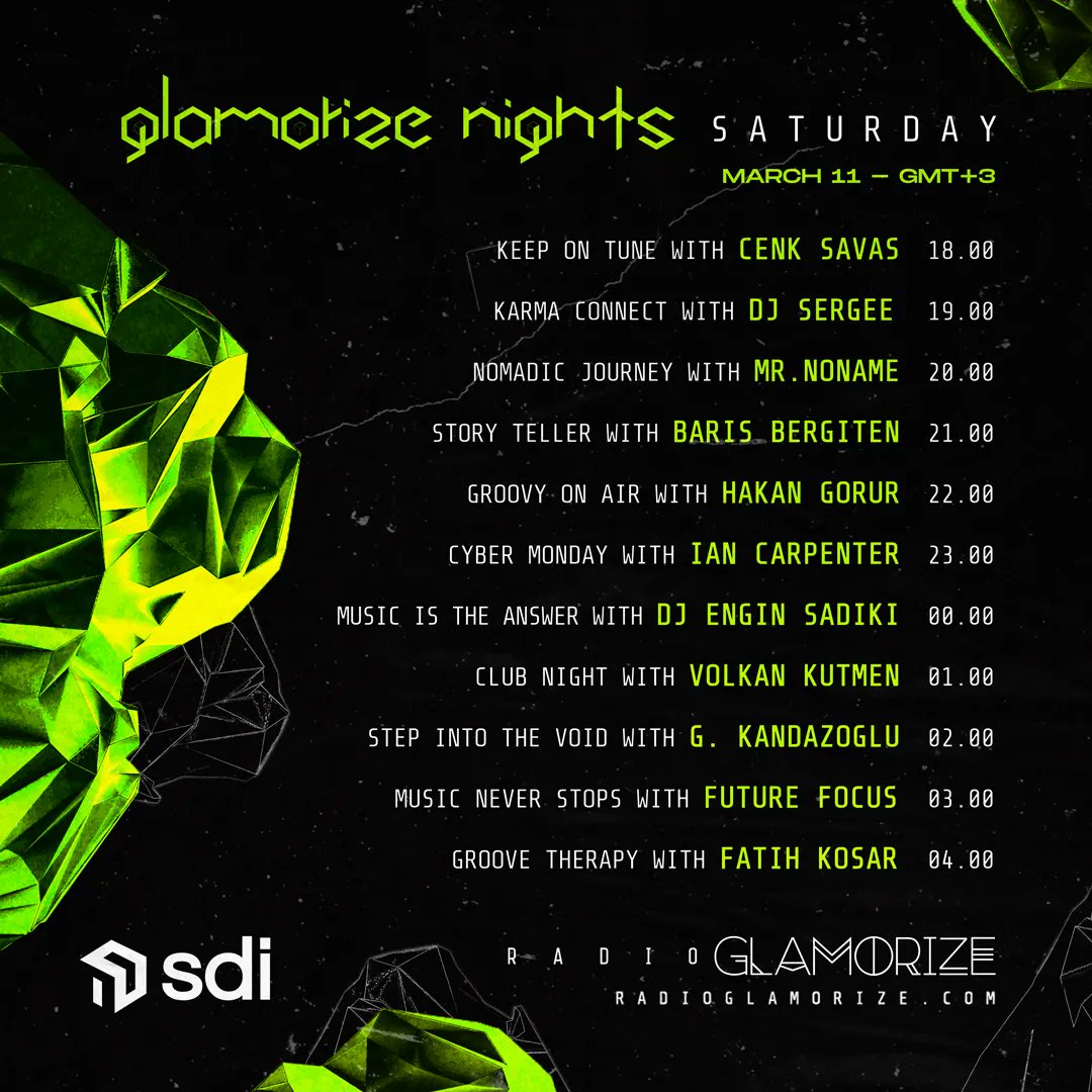Cenk Savas, DJ Sergee, Mr.NoName, Baris Bergiten, Hakan Gorur, Ian Carpenter, Engin Sadiki, Volkan Kutmen, Gokhan Kandazoglu, Future Focus and Fatih Kosar will be the guests of radioglamorize.com with their DJ-Set performances on March 11 at Glamorize Nights.