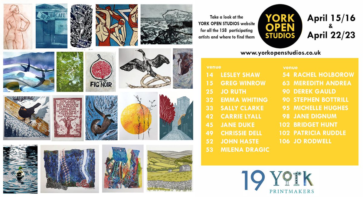 19 members of @YorkPrintmakers have been selected to take part in @YorkOpenStudios this year!!! See the interactive map ow.ly/77hW50NfvFw or pick up a directory around #York.

 #york  #artinyork #onlyinyork #visityork #visityorkshire #northyorkshire  #printmaking