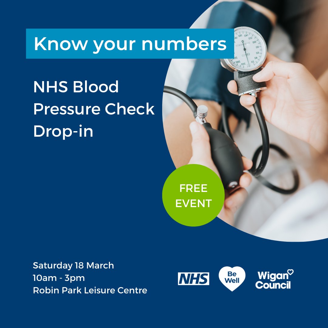 WiganCouncil's tweet photo. When it comes to blood pressure it’s important to Know Your Numbers…

You can get a free NHS blood pressure check at Robin Park Leisure Centre this Saturday (18 March).

Drop in any time between 10am - 3pm.

No appointment needed. https://t.co/xbal7JHCfM