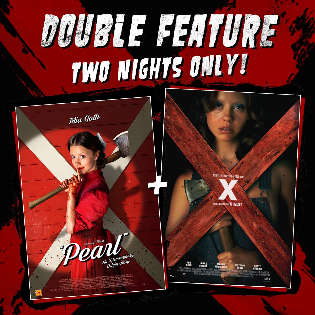 An X-traordinary double feature. 🪓🩸

Join us at Dendy Coorparoo March 17 and 18 for our double feature of Ti West’s deliciously blood-drenched PEARL and X.

Secure your tickets now and get ready to experience both chapters back-to-back on the big screen ow.ly/118x50NalcB
