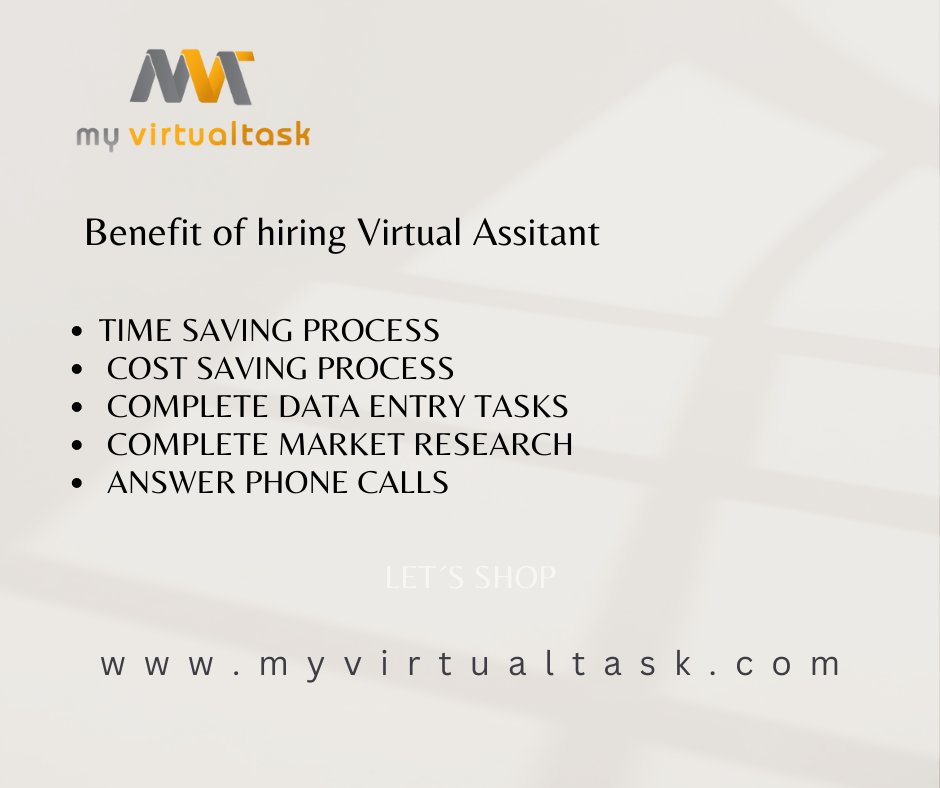 Benefit of hiring Virtual Assistant?
 Time saving process
 Cose saving process
 Complete data entry tasks
 Complete market research
 Answer phone calls
 Visit us on (myvirtualtask.com)
#virtualassistant #virtualassistantservices #virtuallearning #virtual  #virtualtour