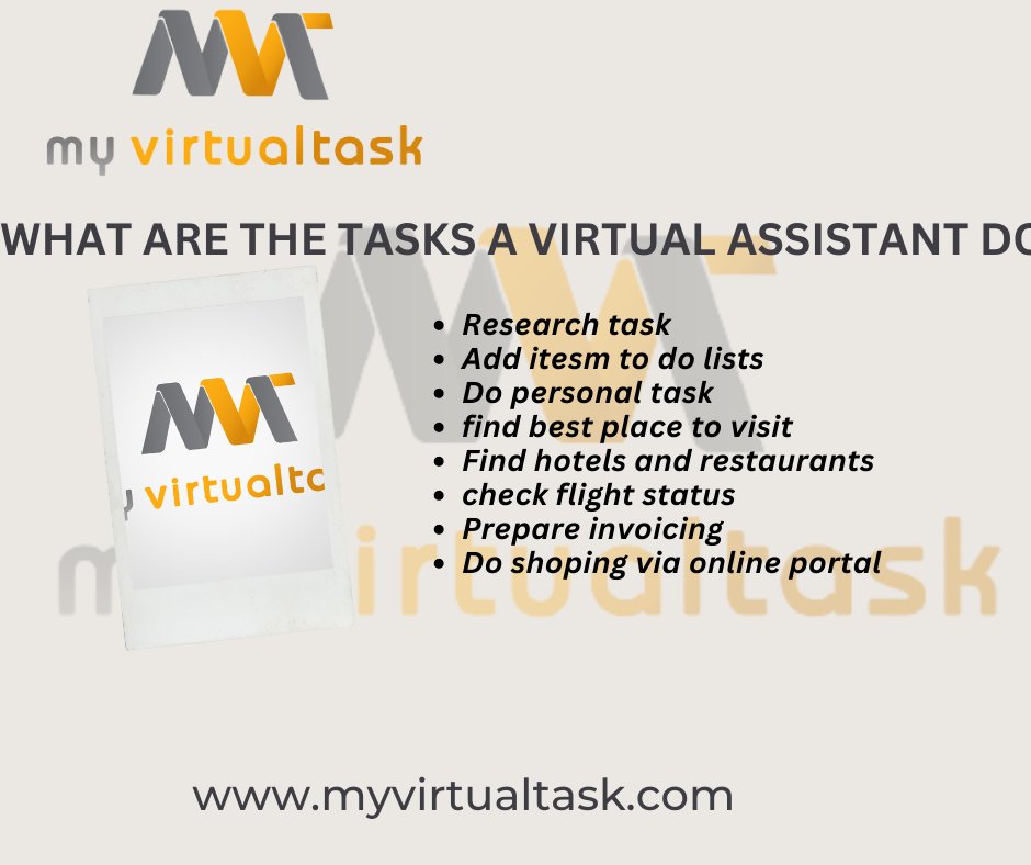 What are the tasks a Virtual Assistant Do?
Research task
Add items to do lists
Do personal task
find best place to visit
Find hotels and restaurants
check flight status
Prepare invoicing
Do shopping via online portal
 Visit us on (myvirtualtask.com)
#virtualassistant