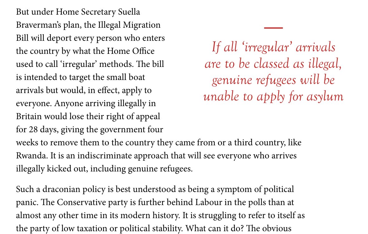 "Our duty to refugees".  A powerful Spectator editorial critiques the Illegal Migration Bill as draconian and indiscriminate. The magazine wants people traffickers tackle, but calls this attempt at a blanket abolition of asylum both impractical and immoral
spectator.co.uk/article/our-du…
