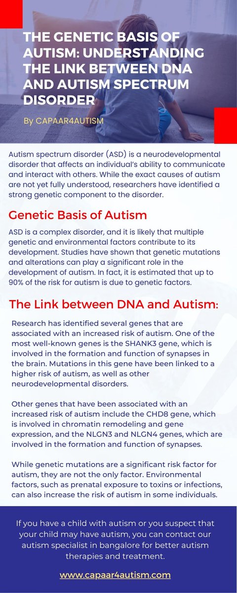 Capaar4Autism's tweet photo. In this blog, our #autismspecialist will explore the genetic basis of #autism and the link between #DNA and #ASD @ https://t.co/pXbH5zsbOF

Book now @ https://t.co/NPaKgDis4L or call us @ 9986455919

#Capaar4autism #CAPAAR #DrPSumithaHemavathy #Bannerghatta #Hulimavu #Bangalore https://t.co/pPWaOX5q9l