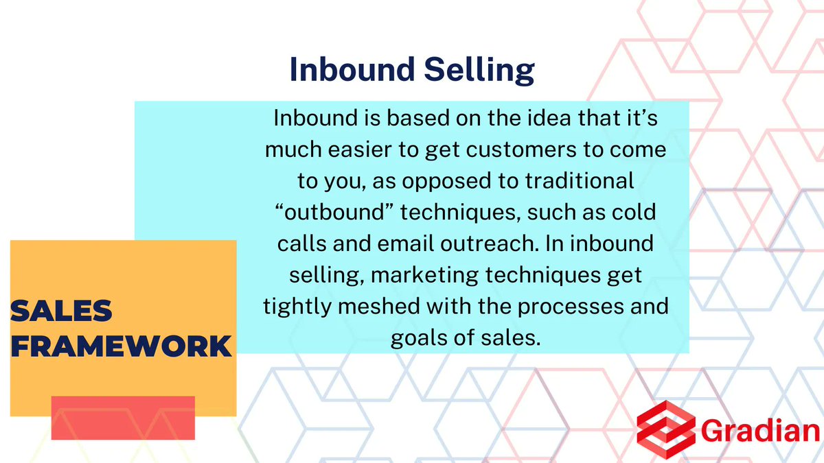 GradianLabs's tweet image. Inbound sales techniques focus on understanding the buyer’s journey to acquiring their product, and suggest building the sales process based on that journey.
#Salesframework #gradianlabs