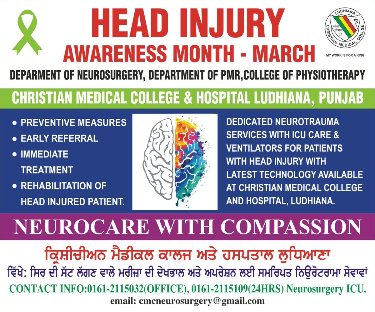 PaulSJohn2's tweet photo. Creating Awareness and caring for individuals with Traumatic Brain Injury. This month March is dedicated towards preventing Head injuries and for caring for individuals with Head Injuries. We Treat Jesus Christ Heals. 
@ Department of Neurosurgery, CMCH Ludhiana. https://t.co/45KGcbdWMy