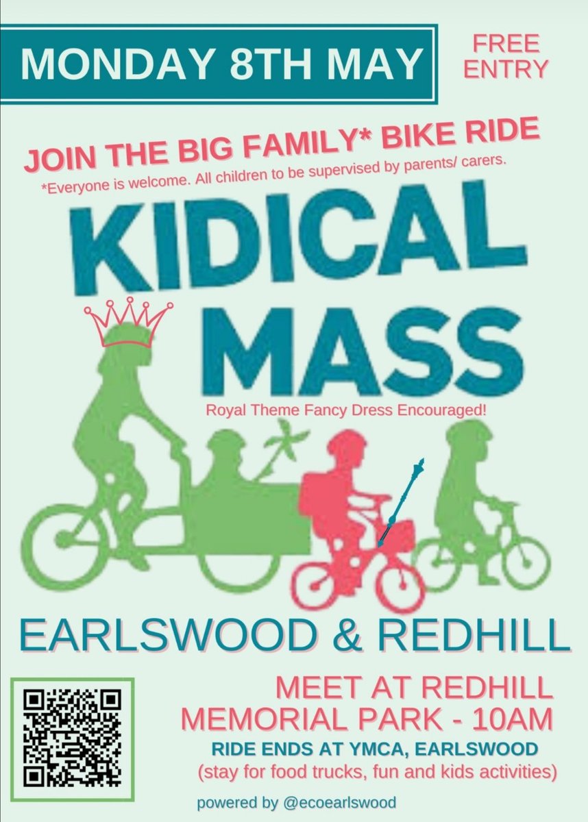 Have you heard about the #Earlswood and #Redhill Kidical Mass cycle ride that I'm organising with a team of brilliant local people? It's a super fun, free, Mass participation cycle from Redhill's Memorial Park to Earlswood YMCA on BH Monday 8th May. Everyone is welcome! W