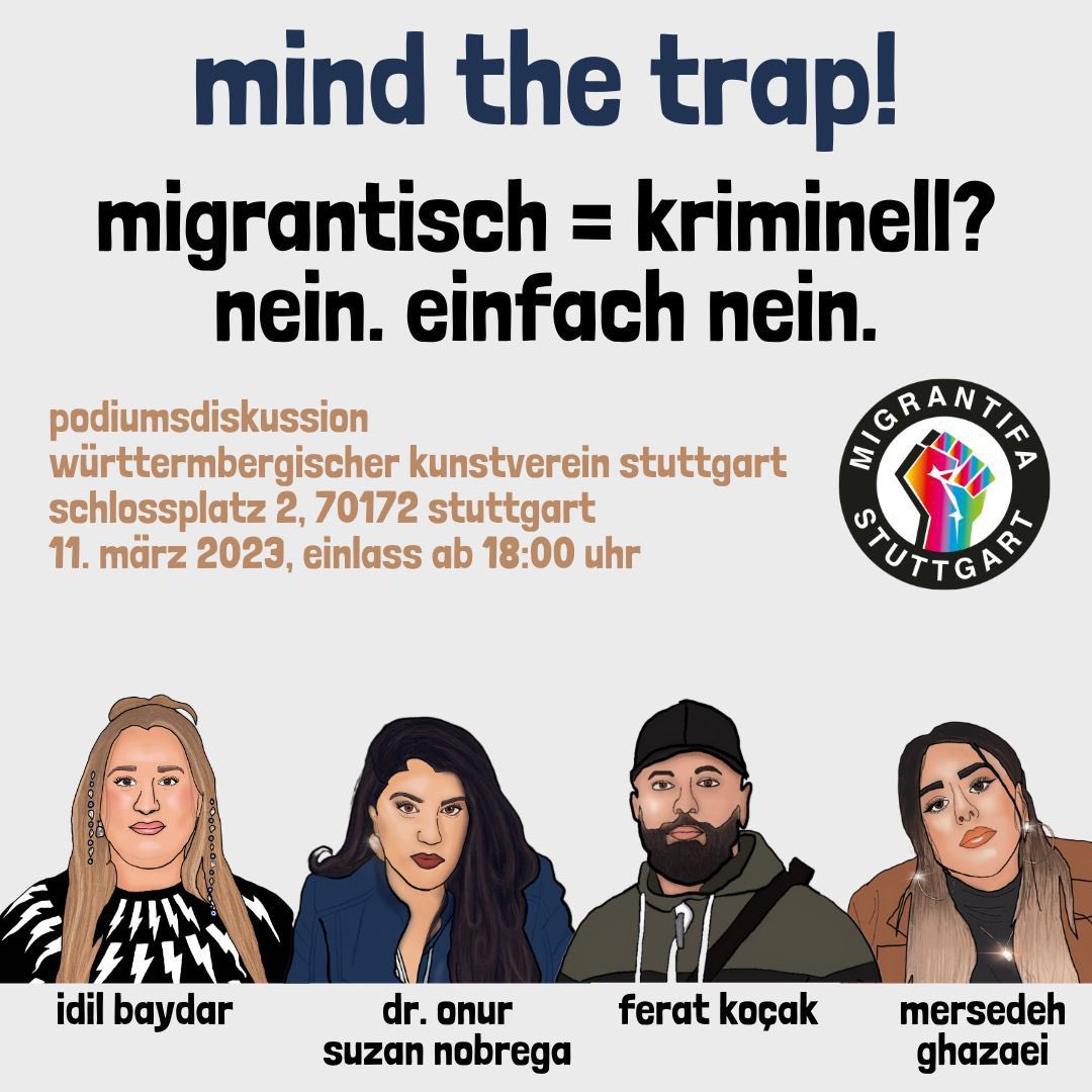 Heute, am Samstag bin ich gemeinsam mit Idil Baydar aka Jilet Ayşe, Dr. Onur Suzan Nobrega und Mersedeh Ghazaei in Stuttgart auf dem Podium von @MigrantifaS supported von @rosaluxstiftung BW zum Thema Kriminalisierung von BIPoC (Black, Indigenous, People of Colour). 1/2