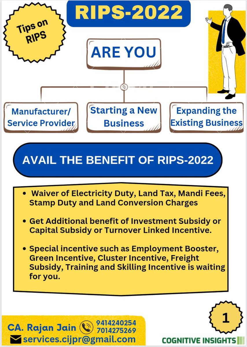 servicescijpr's tweet photo. Tips on RIPS-2022 (Rajasthan Investment Promotion Scheme)

#Subsidy #RIPS2022 https://t.co/IJhVeEChdU