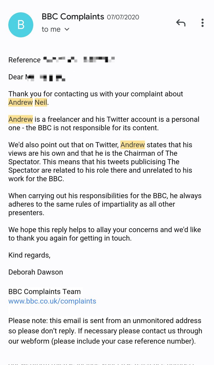 Worth bearing in mind, this is what the BBC said to me in 2020 when Andrew Neil was being a shouty, right-wing pile on orchestrator on Twitter. Compare and contrast.