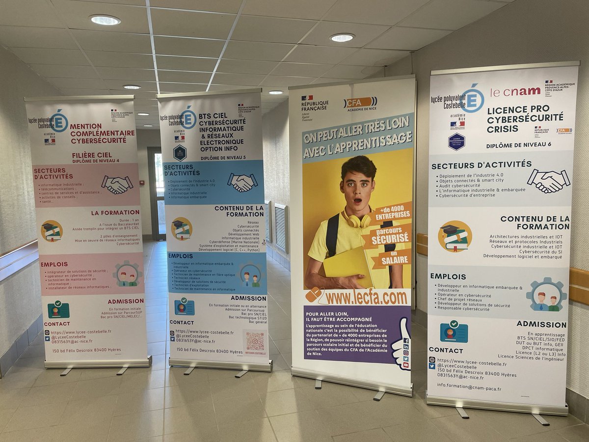 C est ce matin!
Venez découvrir les #formations de la filière #Cybersécurité #Informatique &amp; #reseaux Electronique du lycée Costebelle à <a href="/villedhyeres/">Ville d'Hyères</a> 
👉🏻 Bac pro CIEL
👉🏻 Mention Complémentaire CIEL
👉🏻 BTS Cybersécurité Info &amp; réseaux Électronique
👉🏻 Licence pro Cybersécu CRISIS