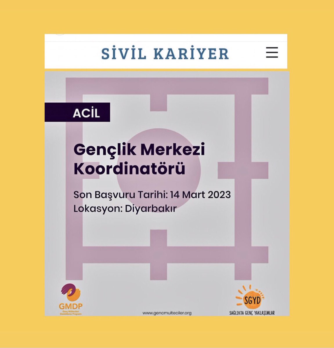 Genç Mülteciler Destekleme Programı Diyarbakır’da Gençlik Merkezi Koordinatörü ekip arkadaşı arıyor.

Son başvuru 🗓 14 Mart 2023 

Ayrıntılar <a href="/gencmulteciler/">Genç Mültecileri Destekleme Programı</a> 

#işilanları #işilanı #gencmultecilerdestekleme #siviltoplum #siviltoplumsektörü #diyarbakır #sivilkariyer