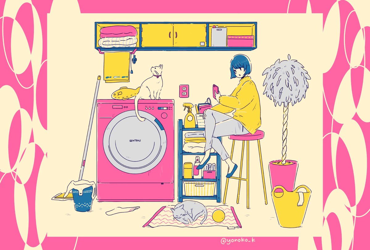 1girl washing machine short hair stool cat solo wide shot  illustration images