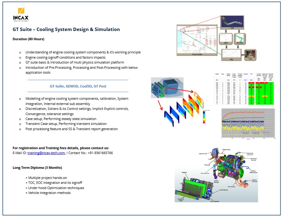InCAx_Tech's tweet image. GT-Suite- Engine cooling module

Who can attend: 

Individuals/Professionals from OEMs, Consulting Companies, Start-ups
Engineering Students/ Professors/ Scholars
 
InCAx-Education Division,
Chennai

#InCAxTech #GTSuite #1DSimulation
