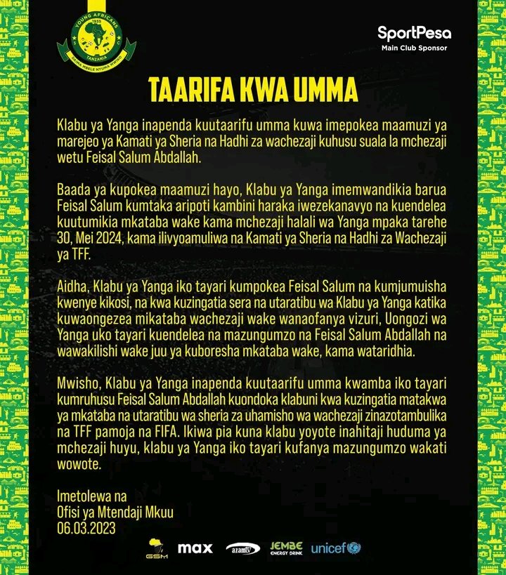 Naami fesal anajilaumu sana mana akina aziziki wanakula sana ela ya mama wa taifa ili mueshimiwa samiha sasa mm naamini anatamani kuludi sema mama ake amekosea zile kaulizake ikumbukwe yanga ni kubwa kuliko fesali awe makini sana mana anapambana na mhajili wake ajue ilo