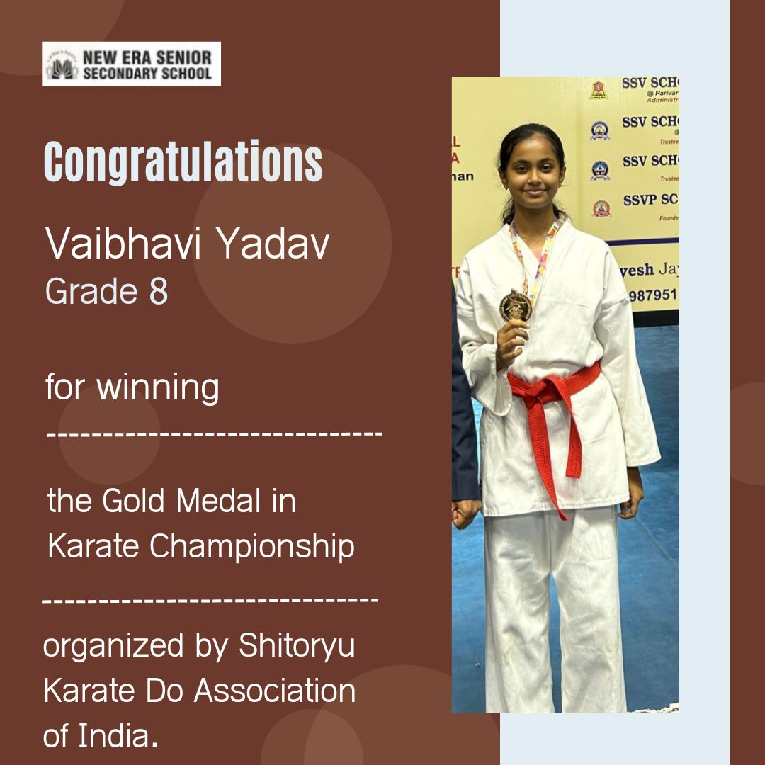 newerabaroda's tweet photo. Kudos to the Karate Champ!!!
Vaibhavi Yadav of Grade-8, won the Gold Medal in Karate Championship organized by Shitoryu Karate Do Association of India.
New Era Senior Secondary School congratulates Vaibhavi for her stupendous win.
#nesss #VadodaraNewsOnline #vadodaranews https://t.co/UDSIPJgdil